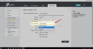 Tela de configuração avançada do roteador Wi-Fi mostrando o menu suspenso de Largura de Canal (Channel Width) com a opção de 20 MHz selecionada na frequência de 2.4 GHz.